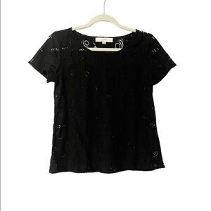 🟢Ann Taylor LOFT Black Floral Lace Short Sleeve Shirt Size XSP